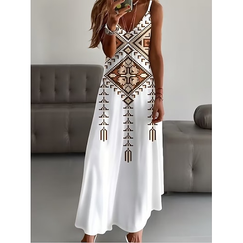 Damen Maxikleid Freizeitkleid A Linie Kleid Unterkleid Urlaub Vintage Ethnisch Täglich Normale Passform Paisley-Muster Ärmellos V Ausschnitt Weiß Leicht Braun Dunkelgrün Orange Sommer Frühling Herbst Image