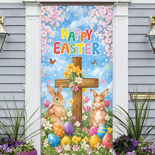 Ostertürdekoration mit niedlichen Häschen, bunten Eiern und einem Kreuz mit blühenden Blumen, christliche religiöse Dekoration, perfekt für festliche Frühlingsfeiertage und Osterfeiern im Freien Image