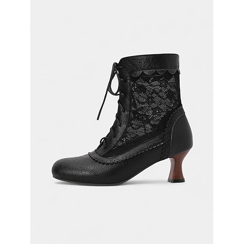 Weiße Damenstiefeletten im Vintage-Stil der 1930er Jahre mit Schnürung und floralen Spitzeneinsätzen – elegante Absätze im Retro-Stil für formelle Anlässe, Hochzeiten und Partys Image