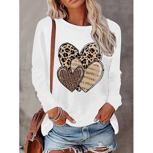 Valentinstag Damen T Shirt Druck Herz Grafik Mode Stilvoll Klassisch Langarm Rundhalsausschnitt Normale Oberteile Täglich Wochenende Schwarz Weiß Rosa Rote Sommer Frühling Image