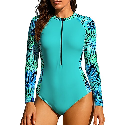 Damen Rash Guard Tauchanzug Badeanzug Sport-Bademode Blumenmuster Tropisch Reißverschluss UPF50 Schnelltrocknend Leicht Langarm T-Shirt zum Schwimmen Surfen Strand Wassersport Sommer Image
