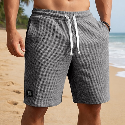 Herren Waffel-Shorts Shorts Freizeitshorts Tasche Elastischer Bund Strukturiert Einfach Komfort Atmungsaktiv Knielang Lässig Outdoor Strand Urlaub Mode Schwarz Weiß Dehnbar Image