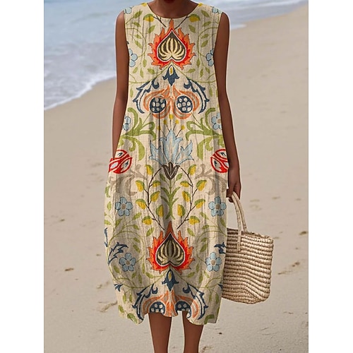 Damen Midi Kleid Leinenähnliches Sommerkleid Shift Kleid A-Linien Kleid Urlaub Freizeit Boho Strand Party Ausgehen Lockere Passform Floral Grafik Ärmelos Rundhalsausschnitt Weiß Hellgrün Rosa Orange Image