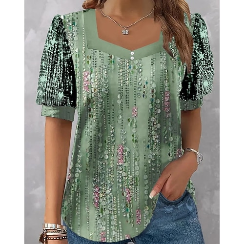 Damen Bluse Druck Grafik Vintage Stilvoll Modern Kurzarm V Ausschnitt Normale Oberteile Täglich Ferien Ausgehen Blau Grün Sommer Frühling Image