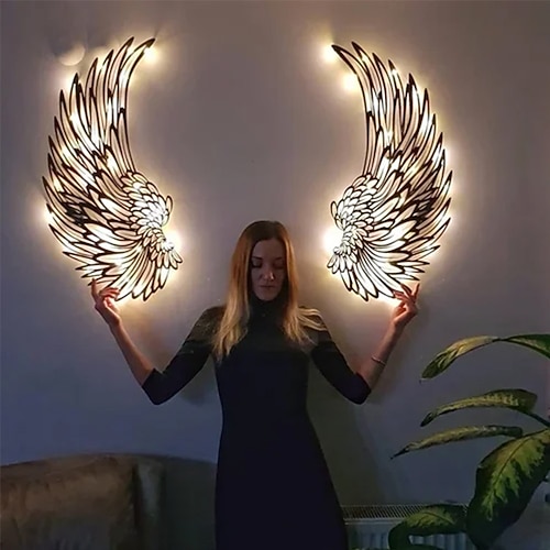 Wanddekoration mit Engelsflügeln, LED-Wandskulptur mit Engelsflügeln, Metall-Wanddeko mit LED-Beleuchtung für Zuhause, Schlafzimmer, Wohnzimmer, Garten und Büro