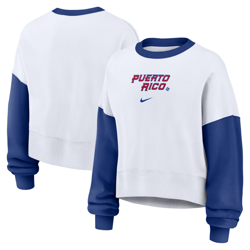 Nike Damen-Fleece-Sweatshirt in Weiß/Blau mit Puerto Rico Baseball-Motiv, World Baseball Classic 2026, Phoenix-Motiv Image