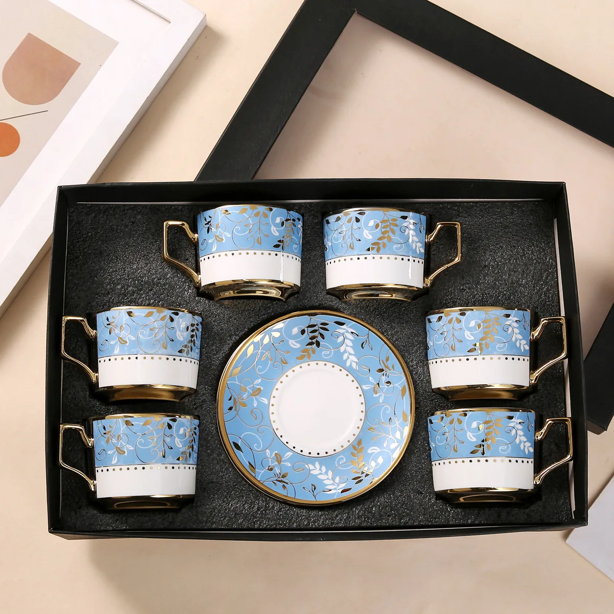 French light luxury retro ceramic coffee cup and saucer set, household tableware, six cups and six saucers, gifts