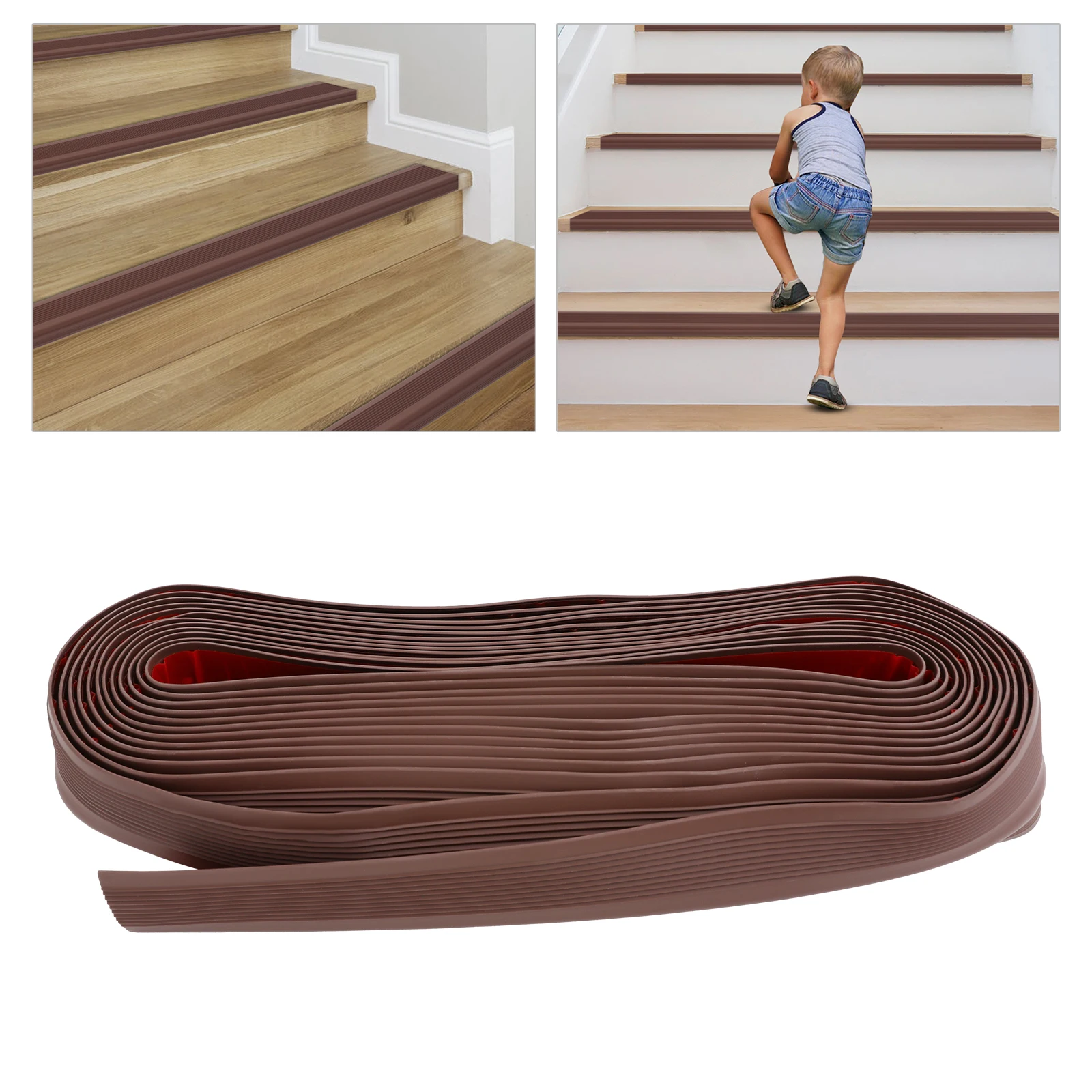 10 m x 5 cm x 2,5 cm, rutschfeste Treppenkanten, braun, selbstklebender Vinyl-Kantenstreifen, flexibler Stufenkantenstreifen aus PVC-Gummi