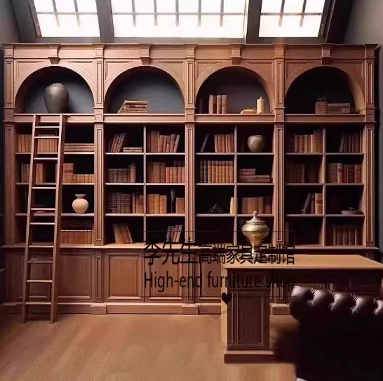 Massivholz-Bücherregal, französischer Vintage-Vitrine, Wohnzimmer, Leiter, Bücherregal, Zuhause, vom Boden bis zur Decke reichendes Bücherregal mit Wandfüllung