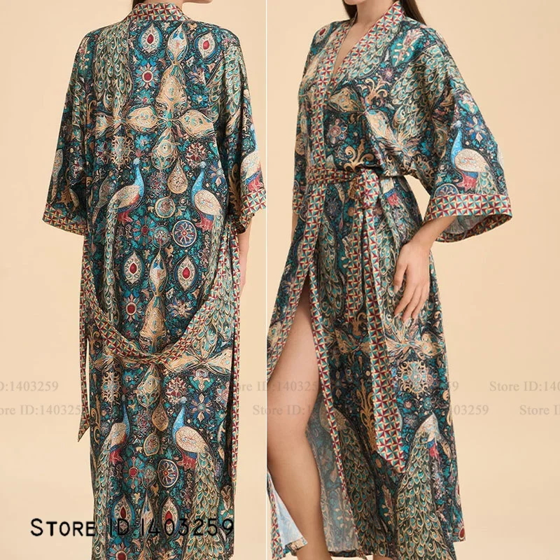 Drucken Blume Weibliche Lange Robe Nachthemd Hause Kleid Halbe Hülse Kimono Bademantel Kleid Lose Beiläufige Seide Satin Loungewear Pyjama Image