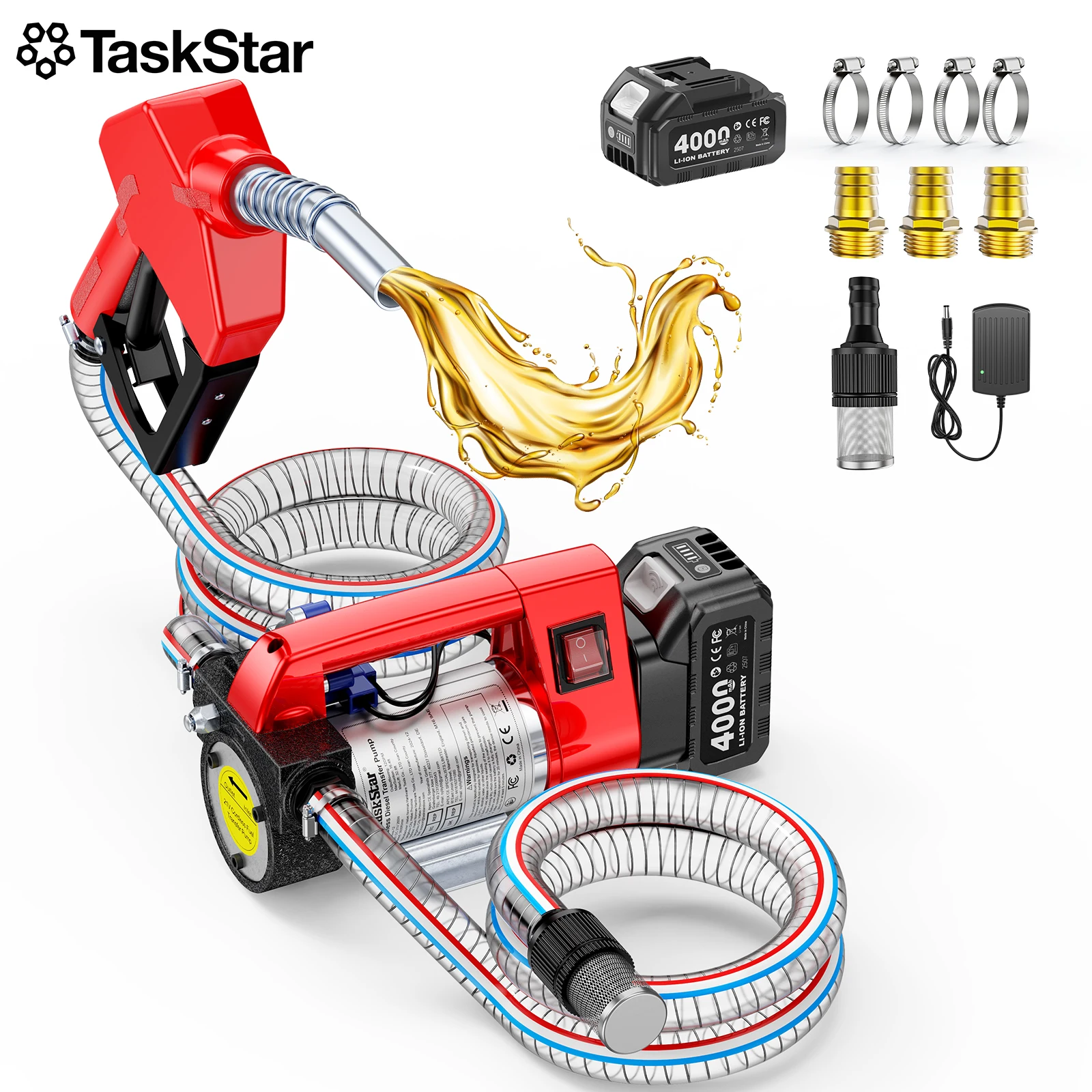 Taskstar Kabelloses Elektrisches Diesel-Kerosin-Transferkit mit 2x6,6FT Schläuchen 12GPM Kraftstoffpumpe für 18V Makita Akku Image