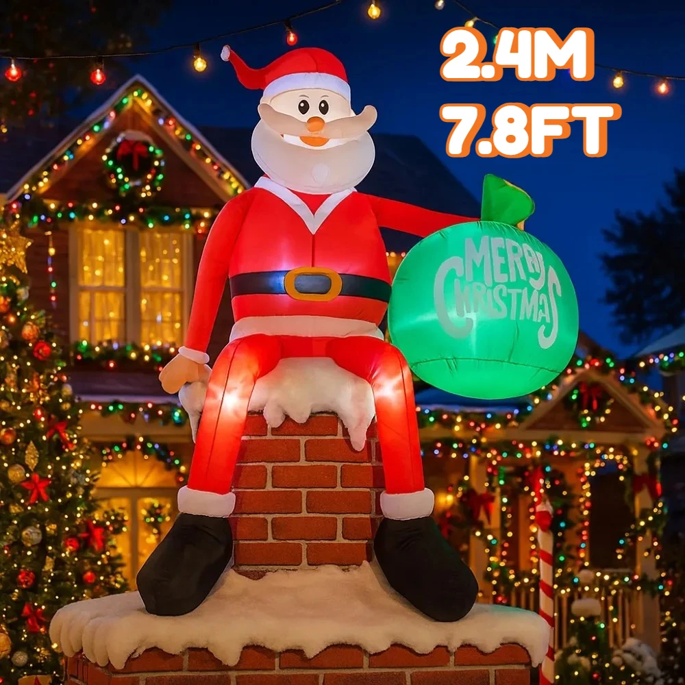 2,4 M/7,8 FT Weihnachtsdekorationen Aufblasbares Spielzeug Weihnachtsmann Auf Kamin Haus Hof Weihnachtsschmuck LED-Licht Weihnachten Inflata Image
