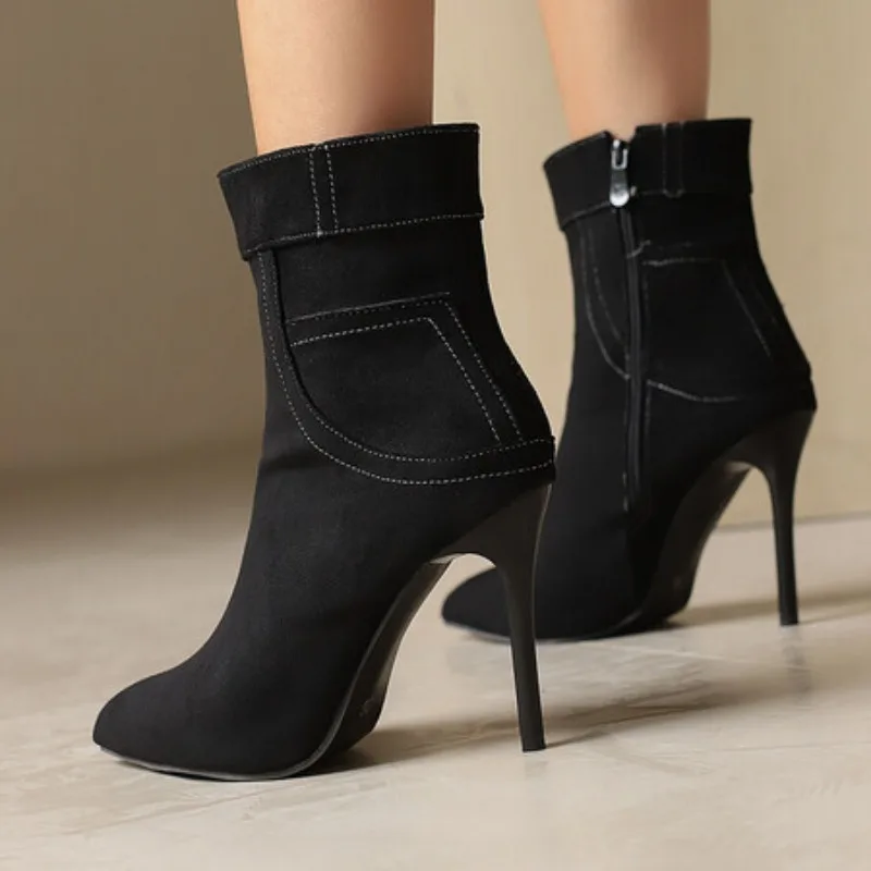 Neue Winter Klassische Beige Schwarz Frauen Stiefeletten Heiße Hohe Stiletto Heels Dame Party Schuhe Plus Große Größe 43 46 48