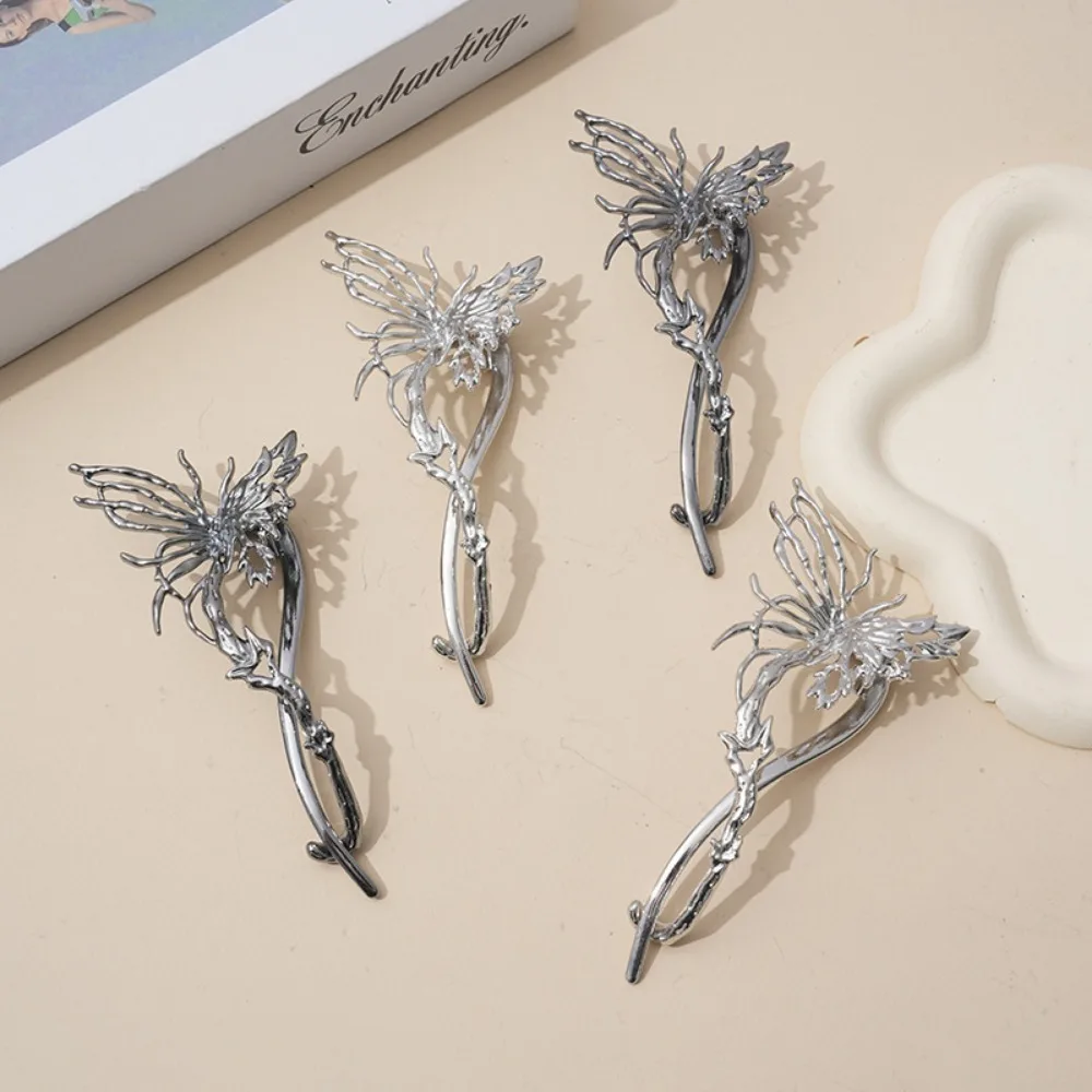 1 Stück Gothic-Haarnadeln aus Silber und Metall, kompliziertes Schmetterlingsblumen-Design, perfekt für fantasieinspirierte Looks Dark Academia Styles