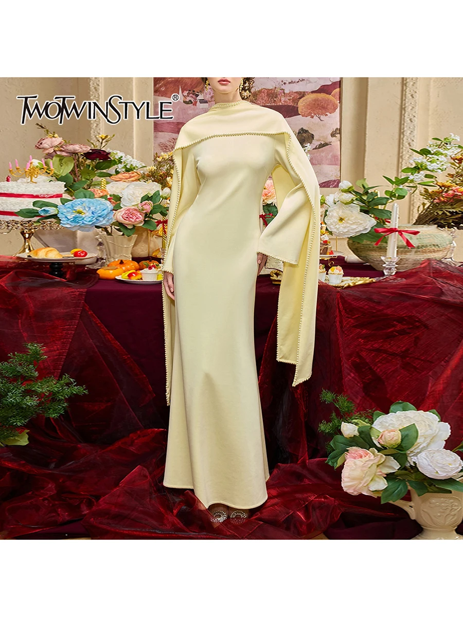TWOTWINSTYLE Solid Slimming Spliced Shawl Minimalist Dresses for Women Round Neck Long Sleeves Patchwork Bead Dress Female New