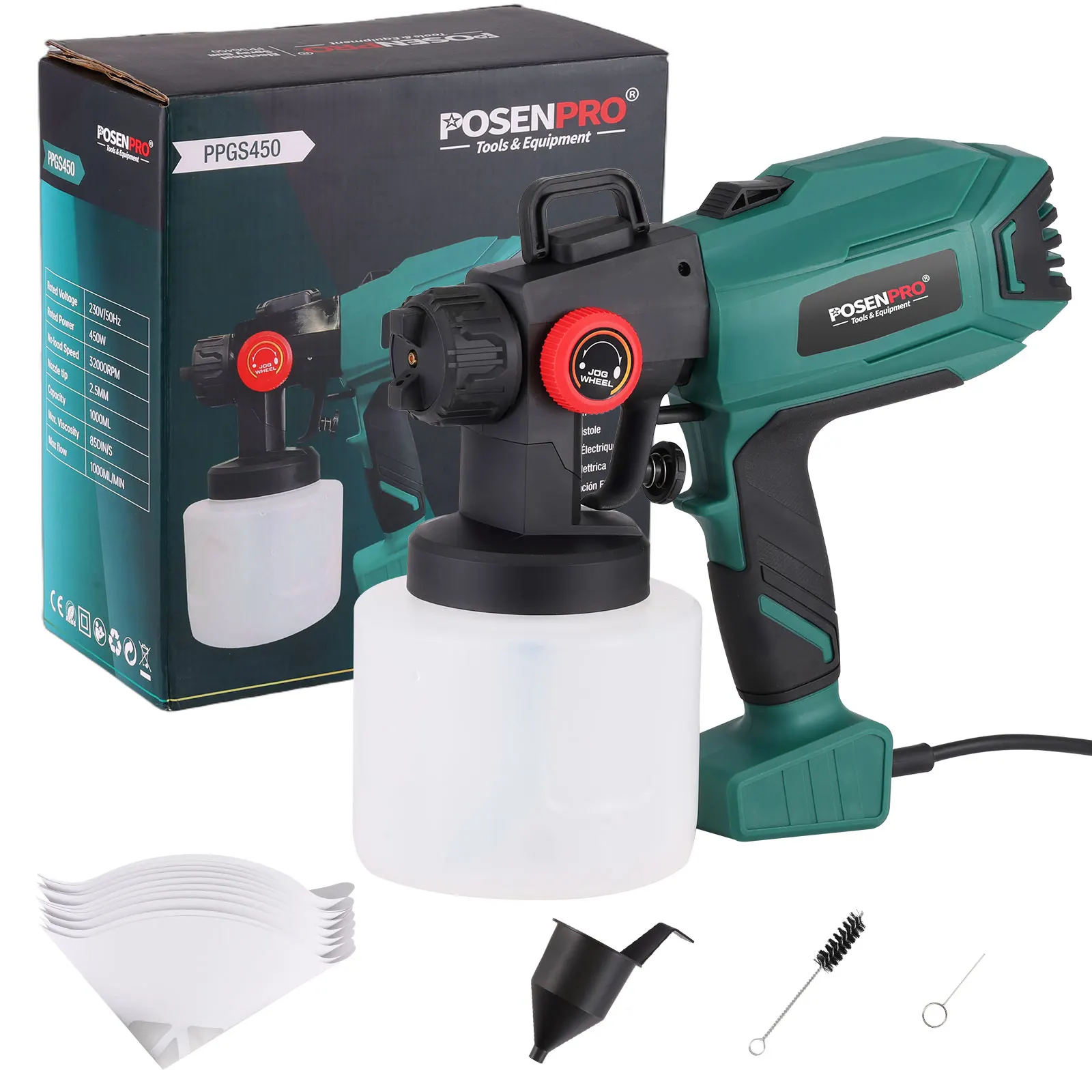 POSENPRO 450 W elektrische Farbspritzpistole, Blas- und Reinigungsfunktion, 1000-ml-Tank, für Möbel, Wände, Türen, Zäune, Heimwerkerwerkzeuge Image