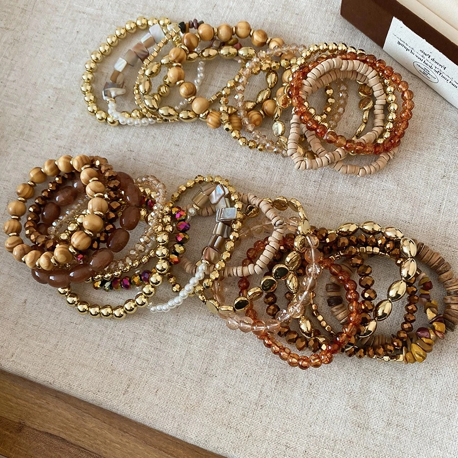 12/18 Stück Maillard Vintage Glas Holzperlen Armbänder für Damen Herren Ethno-Stil Boho Kokosnussschale Stapelbare Armband-Sets K Image