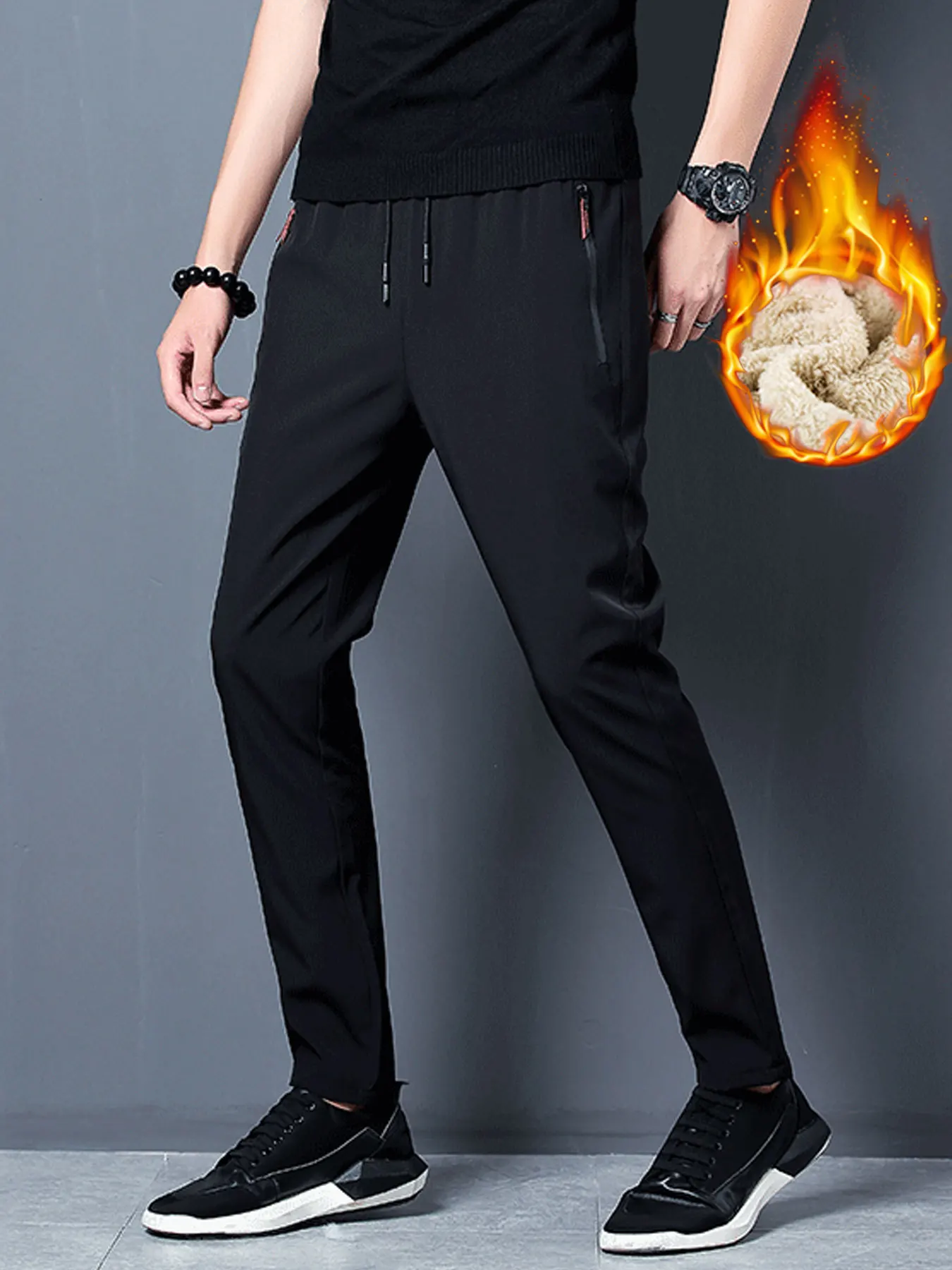 Herren-Winterhose mit Fleece-Futter, dick, Freizeithose mit elastischem Bund und Kordelzugverstellung, einfarbige, warme Hose mit geradem Bein für Herren Image