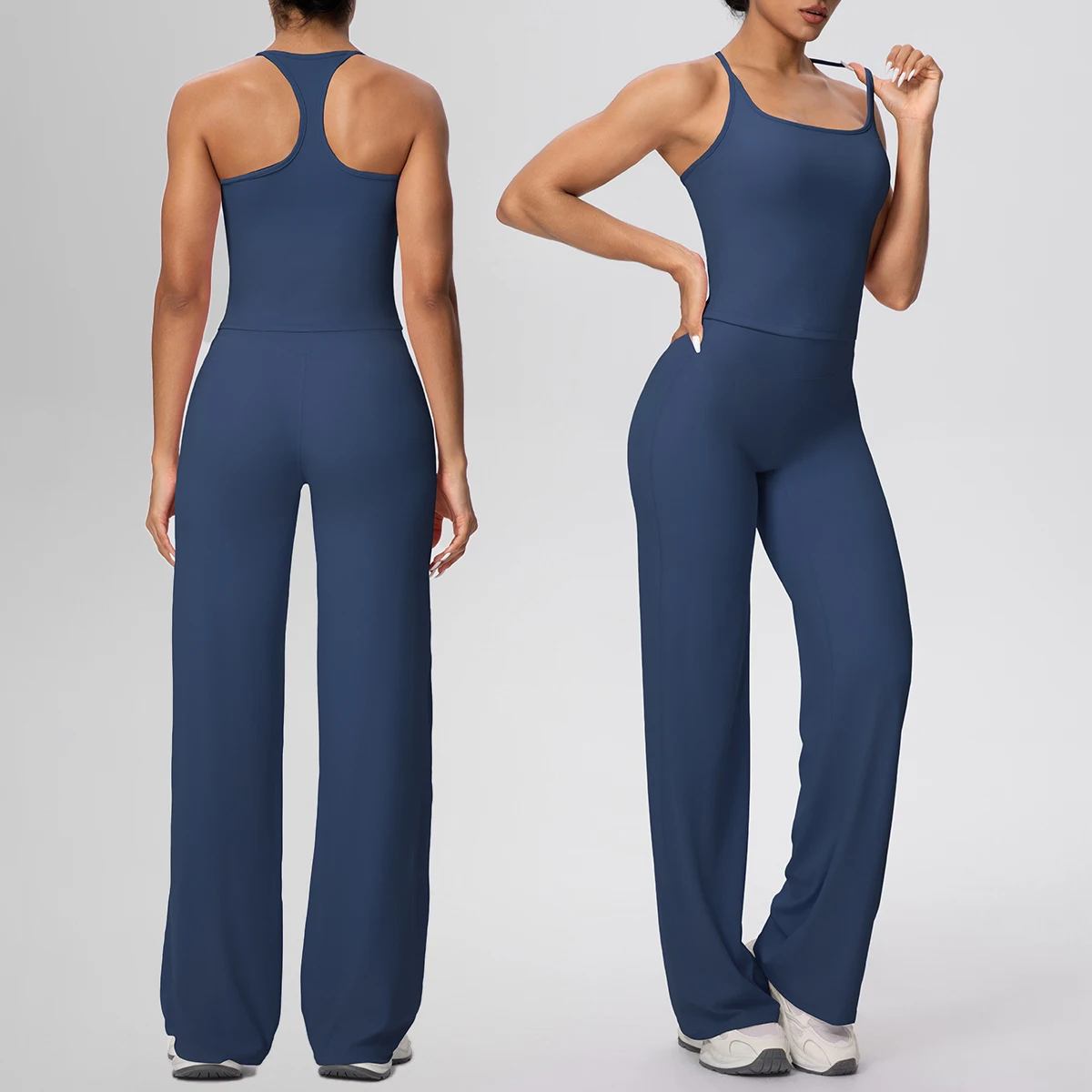 2 stücke Frau Gym Sport Yoga Set Einfarbig Dünne Beiläufige I-förmige Weste Mit Brust Pad Schnell Trocknend Hohe taille Volle Länge Set Image