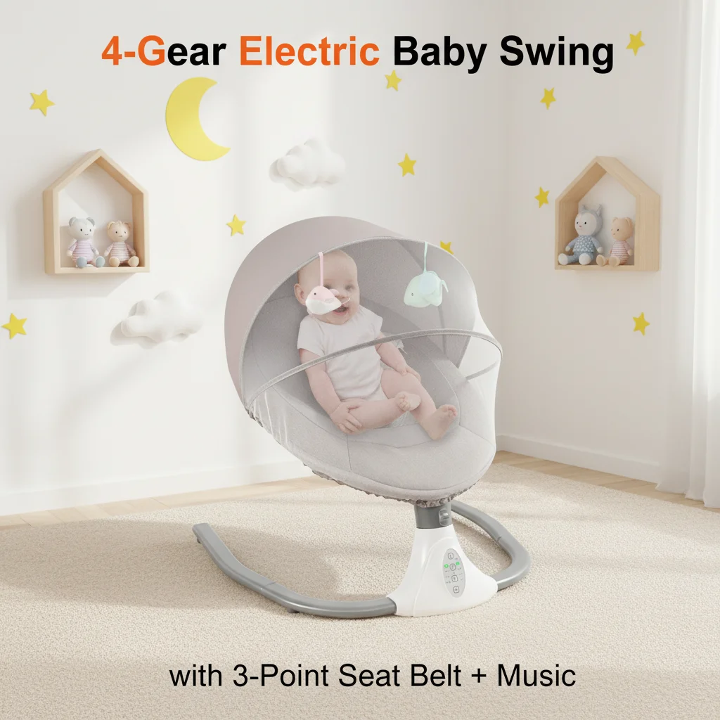 Elektrische Babyschaukel, 4 Gänge, Babymusikwiege, Fernbedienung, Babywippe mit 3-Punkt-Sicherheitsgurt für den Heimgebrauch von 0–18 Monaten Image