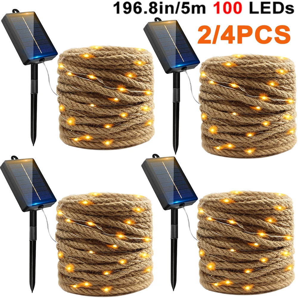 4/2 Stücke 100 LED Seil Hanf Solar Lichterketten Outdoor Girlande Wasserdichte Fee Garten Lampe für Terrasse Camping ramadan Dekor 8 Modus Image