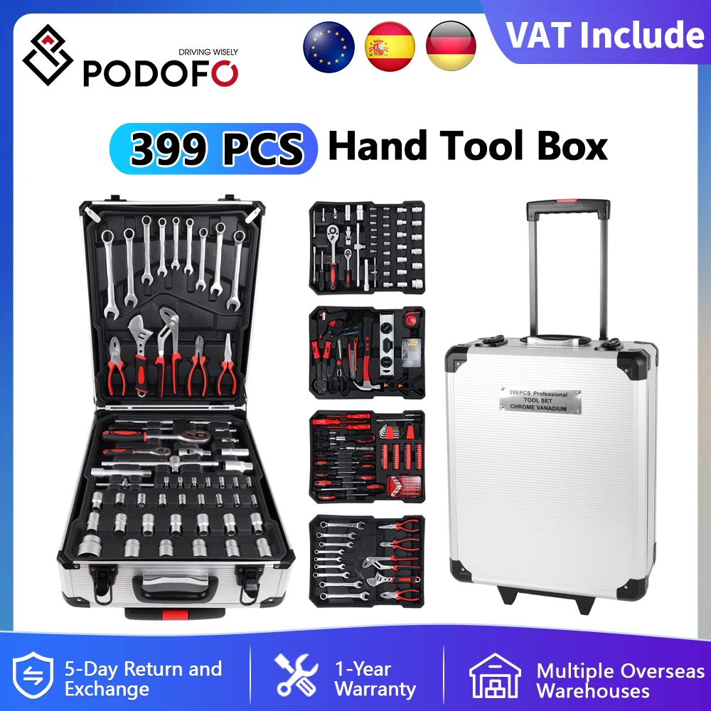 Podofo 399PCS Carrello degli attrezzi 4 strati Set di attrezzi con carrello e ruote Chiavi a bussola Utensili manuali Kit di riparazione quotidiana per la casa automatica