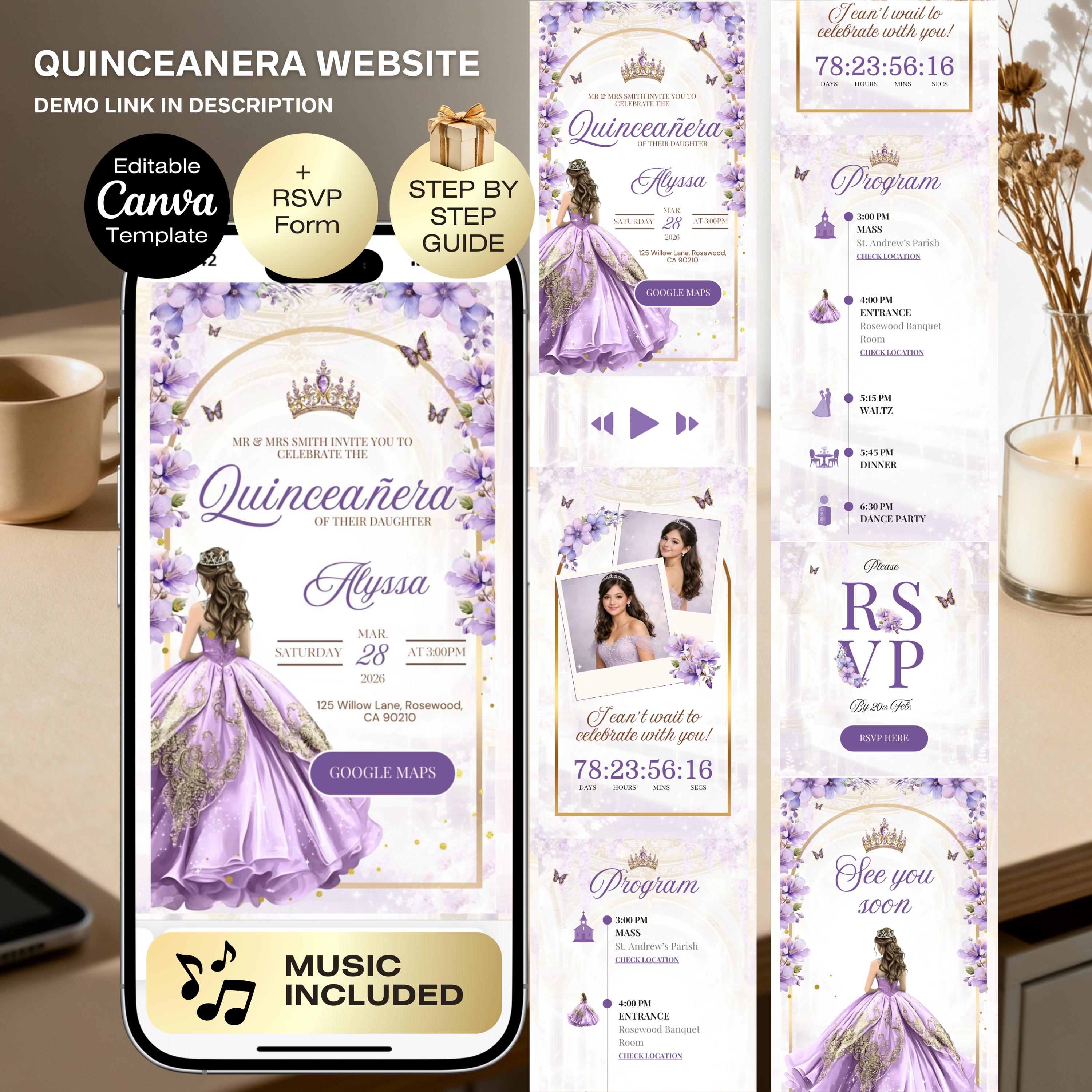 Sito Web di invito Quinceañera / Modello Canva per il 15o compleanno / Sito Web di Quince digitale / Tracker RSVP / Invito Quinceanera lavanda viola