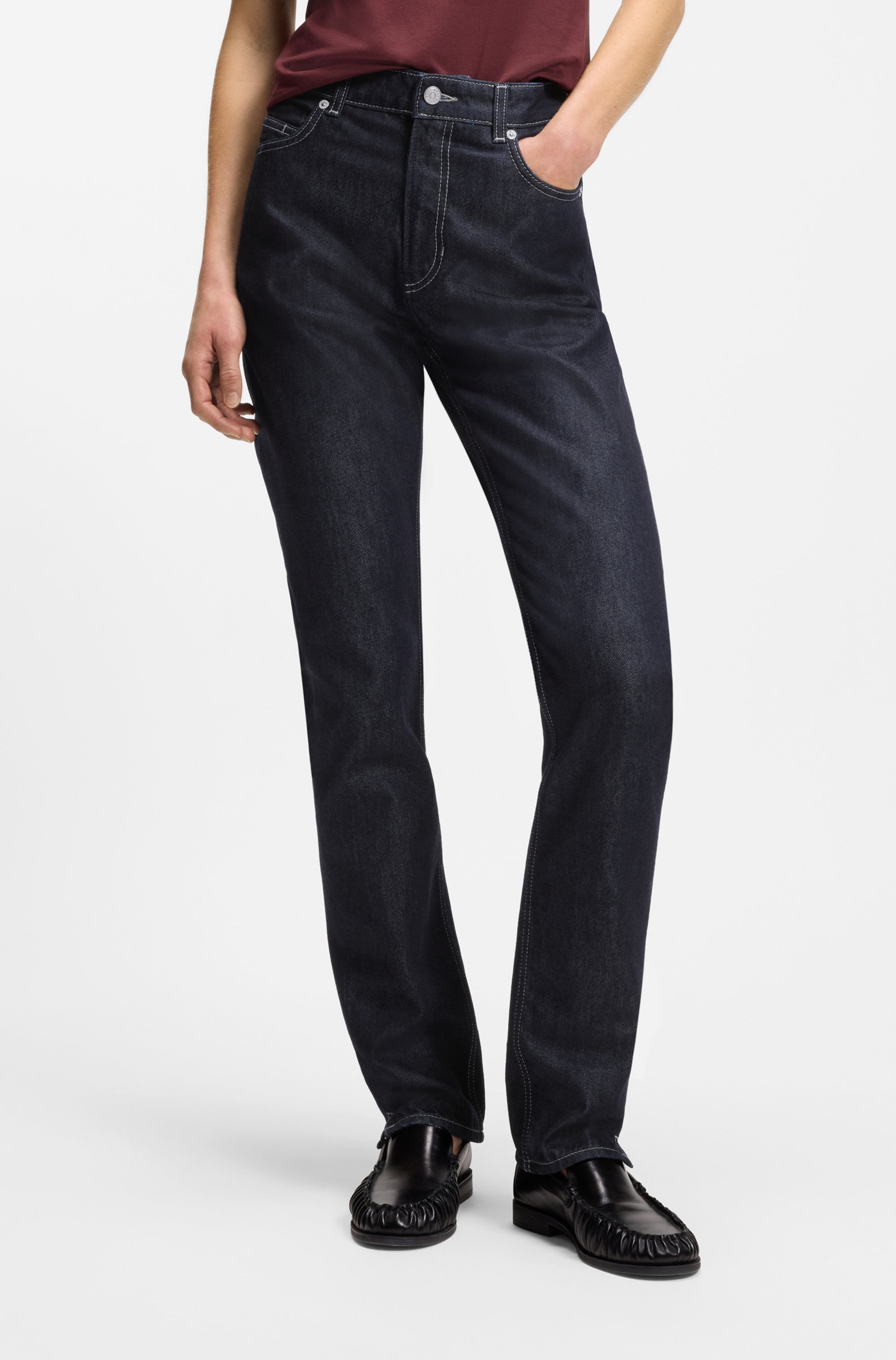 High-waist-Jeans BOSS ORANGE "ADA SLIM HR 1.0 Premium Damenmode", Damen, Gr. 29, Länge 32, dunkelblau 401, Denim/Jeans, Obermaterial: 61% Baumwolle, 39% Lyocell, unifarben, slim fit lang, Jeans High-Waist-Jeans, mit kleinen Schlitzen am Saum