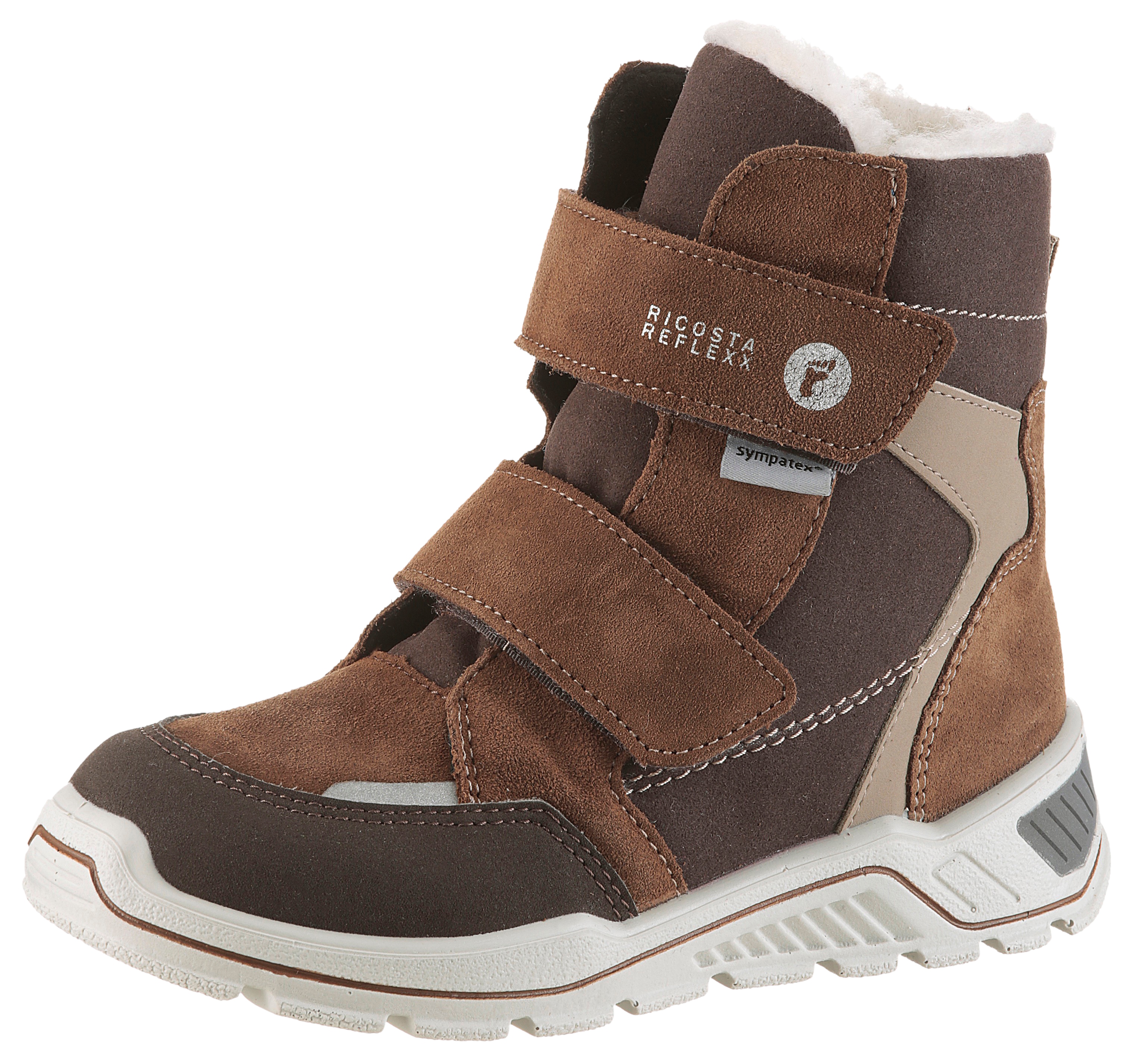 Winterstiefel RICOSTA "JANEK 50 WMS: weit", Damen, Gr. 30, braun, Lederimitat, Veloursleder, kontrastfarbene Details, Schuhe Winterstiefel, Snowboots, Klettstiefel mit Sympatex, Größenschablone zum Download