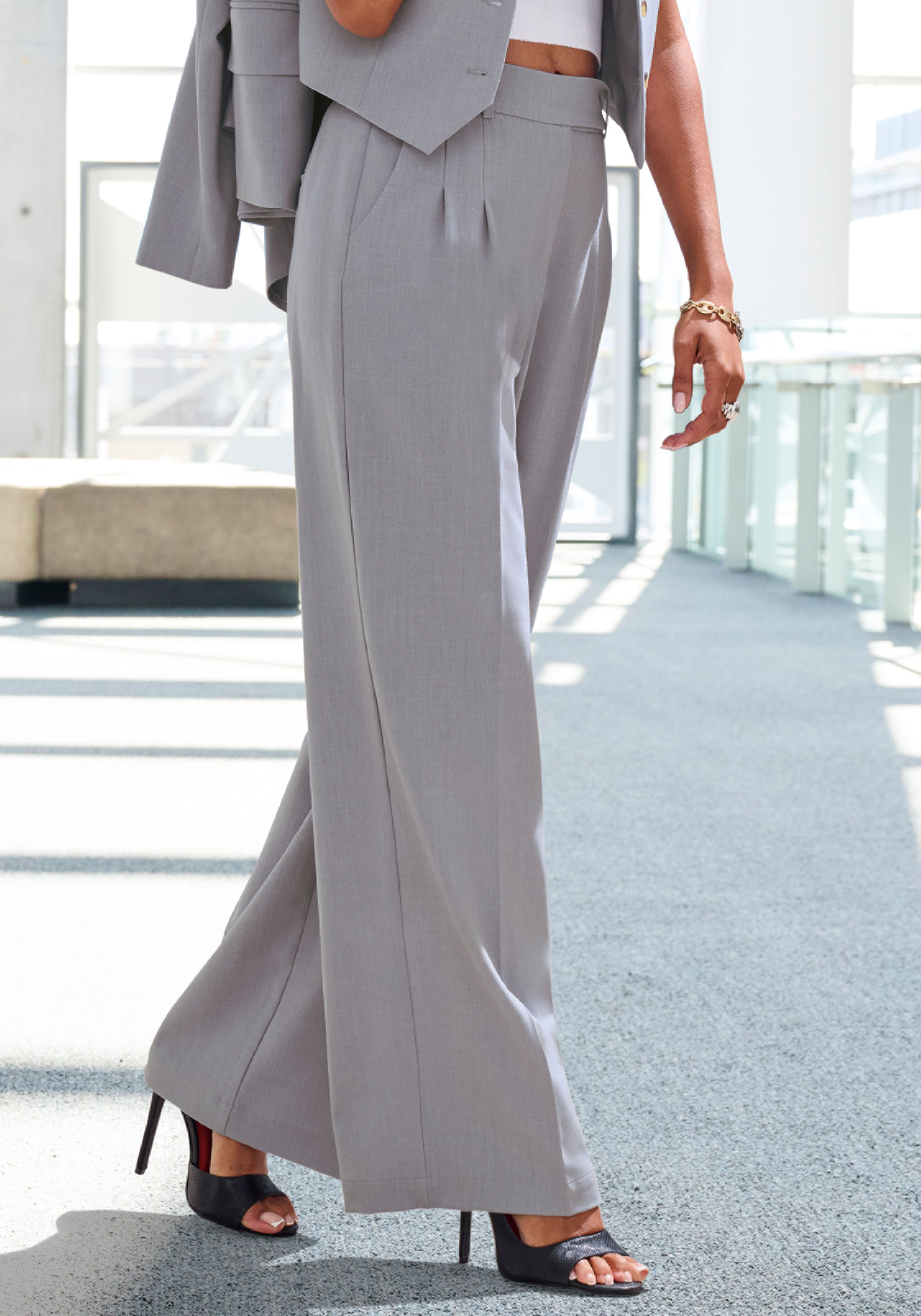 Palazzohose LASCANA, Damen, Gr. 34, N-Gr, grau meliert, Stoff, Obermaterial: 64% Polyester, 32% Viskose, 4% Elasthan, meliert, figurumspielend lang, Hosen Palazzohose, im Business-Look, elegante Anzughose mit Taschen, Topseller