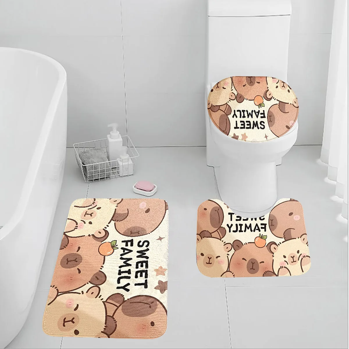 Ensemble de salle de bain simple ou trois pièces ours mignon, tapis de salle de bain antidérapant, tapis de toilette en forme de U, housse de siège de toilette, ensemble de tapis de pied de salle de