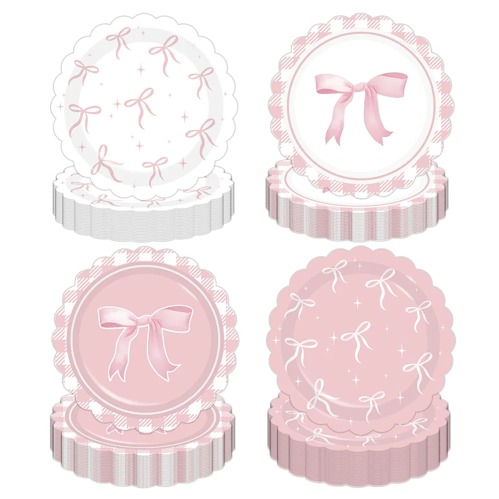 Simpatiche piatti Bowknot usa e getta Piatto di carta da 7 pollici Fiocco rosa Banner Toppers per torta Decorazioni di compleanno Palloncini in lattice Appesi per feste