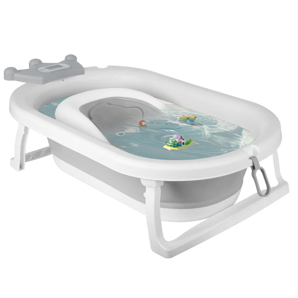 Faltbare Badewanne passend für Babys im Alter von 0 bis 36 Monaten, ergonomisch und ohne Rand, mit Wasserthermometer, Sitz, Bademütze, 82 x 43 x 20 cm, grau, Bär/Krone/Kaninchen/Blatt