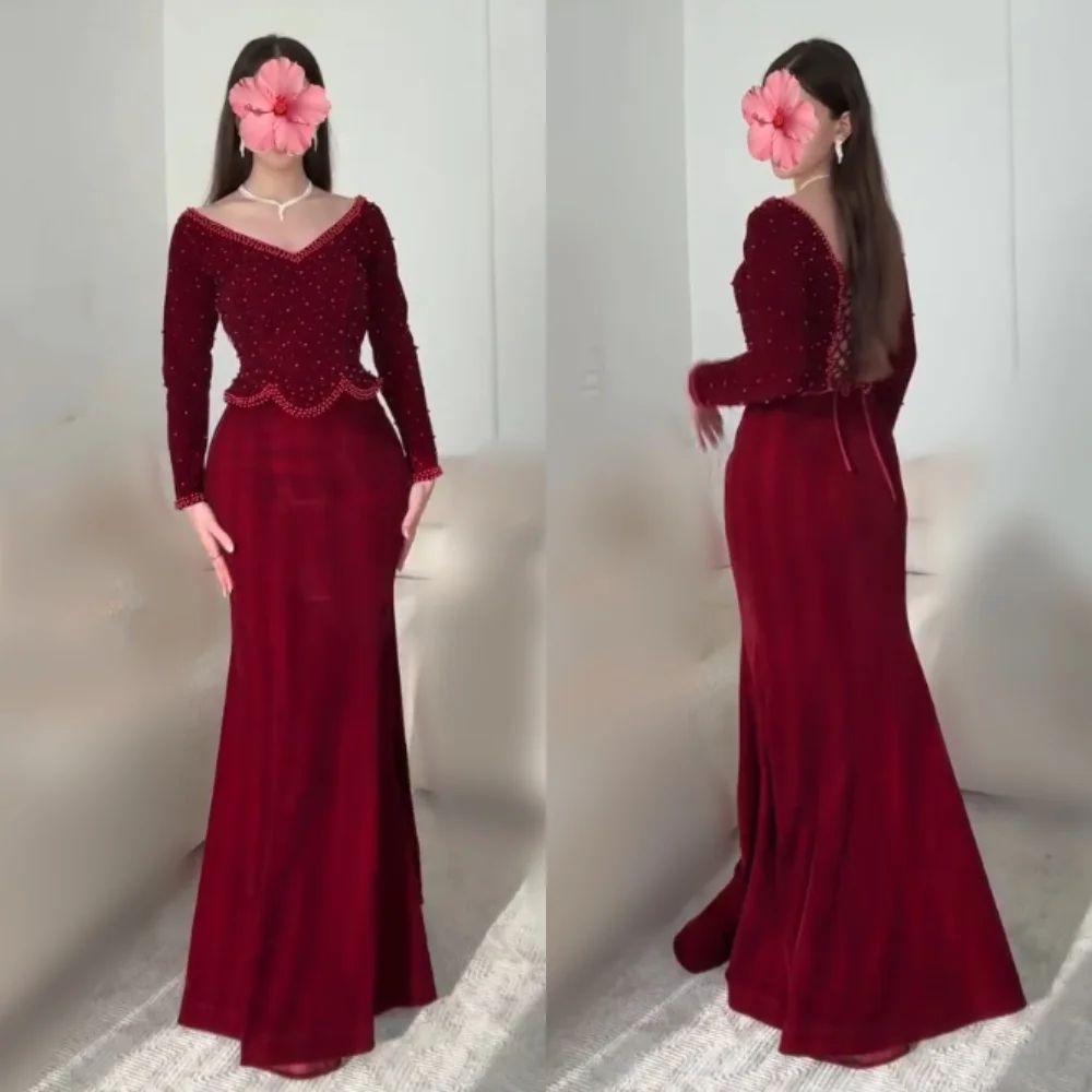 Customized Jersey Beading V-neck Mermaid Long Dresses Bespoke Occasion Classic Elegant Party Wedding High Quality Evening Gown