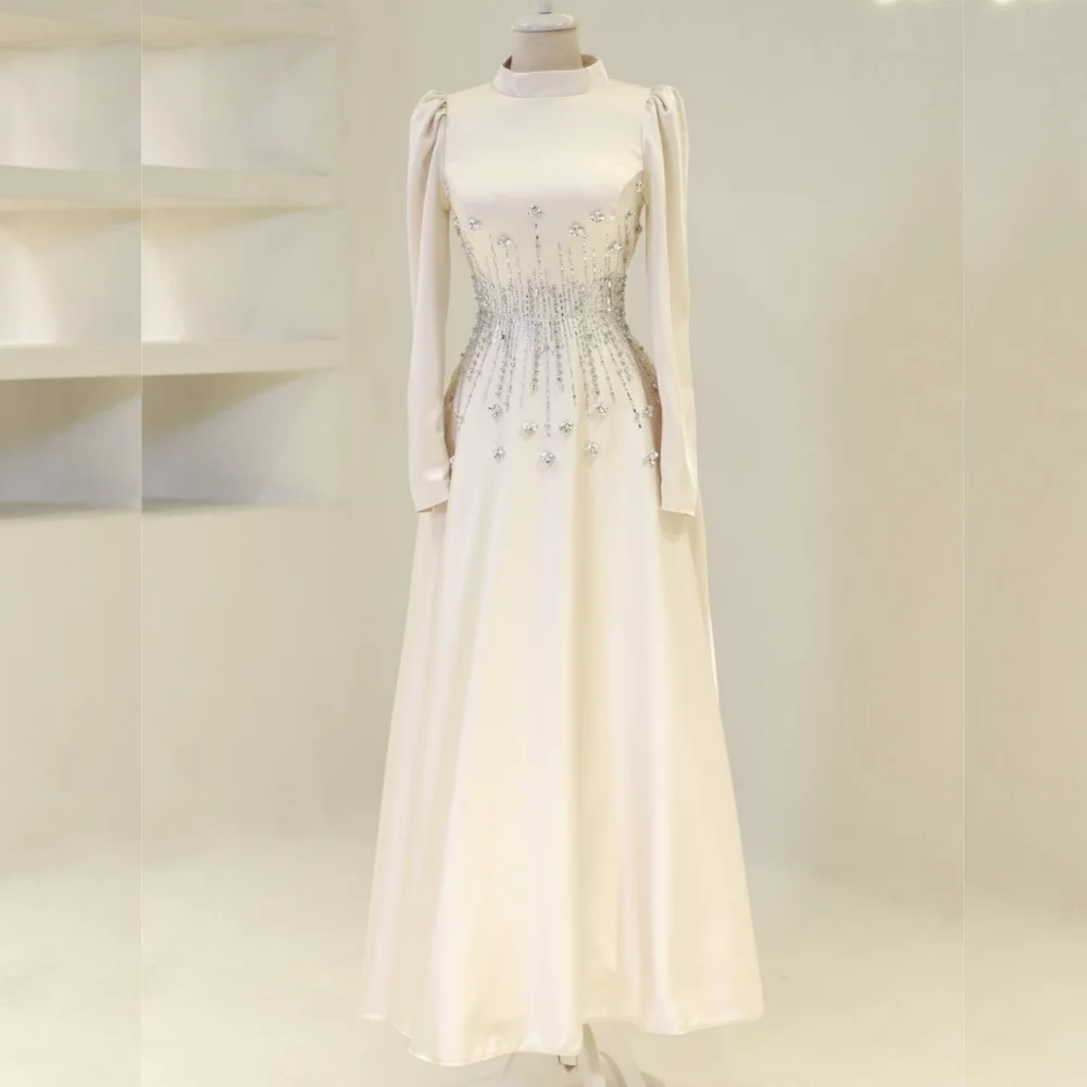 Customized High Quality Charmeuse Sequined Pleat A-line Collar Long Dresses Bespoke Occasion Sparkle