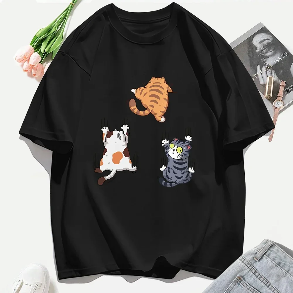 Damen-T-Shirts, lässige Damen-Kleidung, Rundhals-T-Shirt, Tops, drei Katzen, Klettern nach oben und entkommen, bedrucktes T-Shirt Image