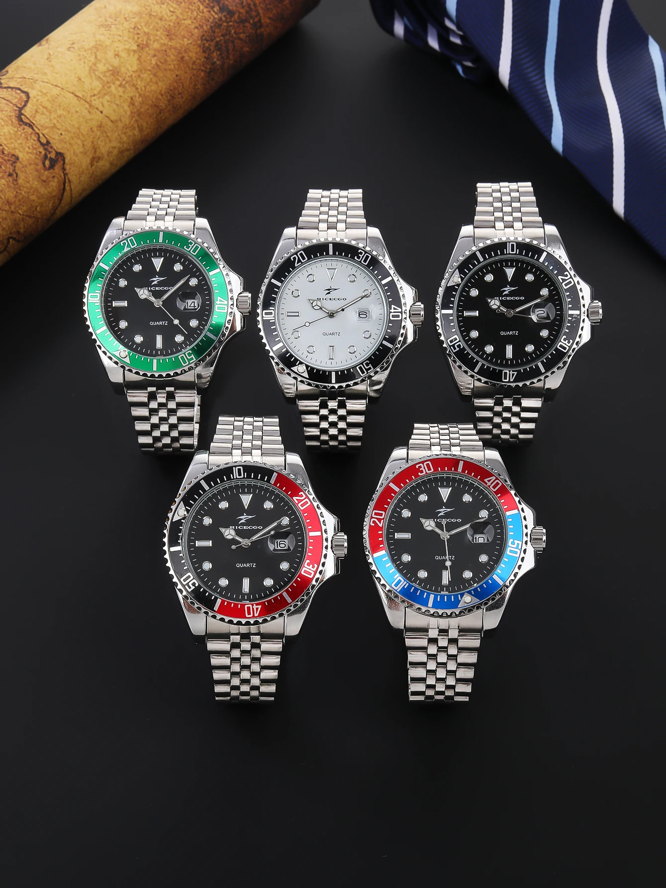 Ricecgo Modische Herren-Quarzuhr, Edelstahlarmband, markantes Zifferblatt, mit Kalenderanzeige, eine klassische Wahl für Geschäftsleute, geeignet für Weihnachtsgeschenke und den täglichen Gebrauch Image