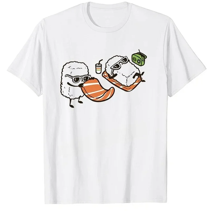 Shirts O Neck Tops T-shirt Harajuku Streetwear T Shirt Lustige Cartoon Sushi Schwarz Weiß T-Shirt Sommer Kurzarm Streetwear