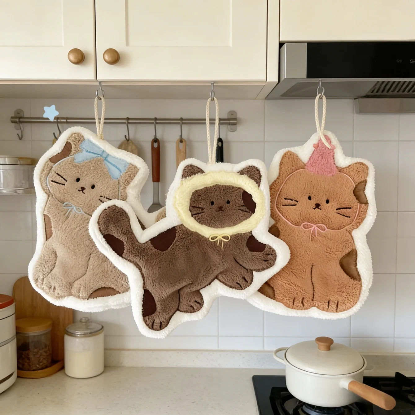 Weiches und Niedliches Katzen-Handtuch, Schnell Trocknend, Hängendes Süßes Cartoon-Handtuch, Haushalt Küche und Bad Handtuch Image