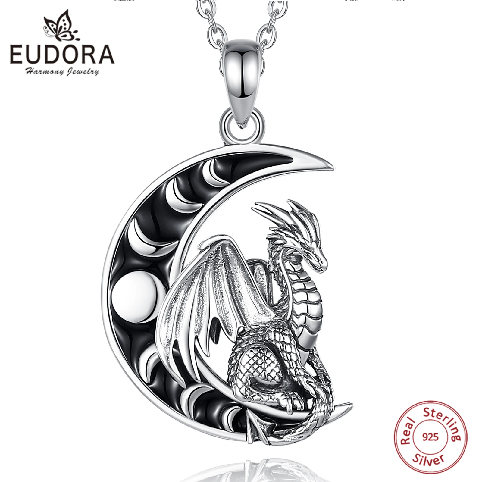 Eudora Wikinger-Drachen-Halskette aus 925er-Sterlingsilber, himmlischer Mondphasen-Amulett-Anhänger, Wicca, spiritueller Schmuck, Geschenk für Männer und Frauen Image