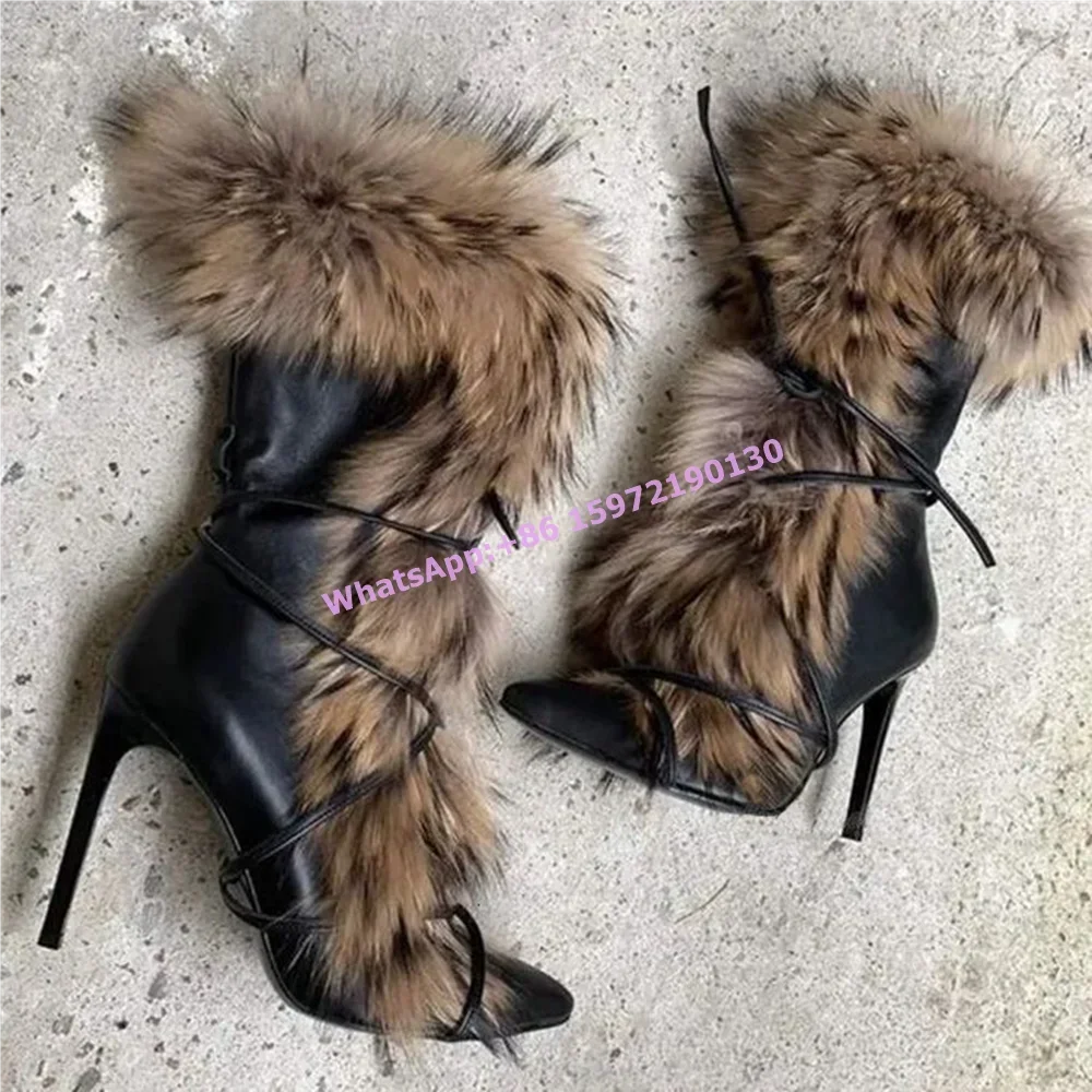 Weiche pelzige Winterstiefel, Schwarz, Braun, warm, spitze Zehen, Schnürung, luxuriöse mittelhohe Stiefel, sexy Fashion Runway Leder, Hotties-Schuhe