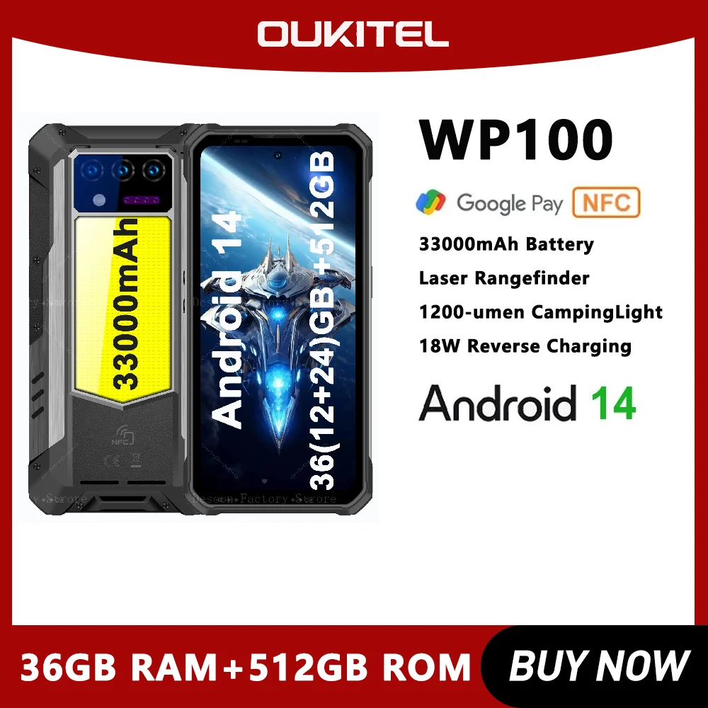 Oukitel WP100 Robustes 33000-mAh-5G-Smartphone 36(12+24)GB+512GB 66W Android14-Handy 6,8"FHD+ 200MP Kamera Entfernungsmessung Image
