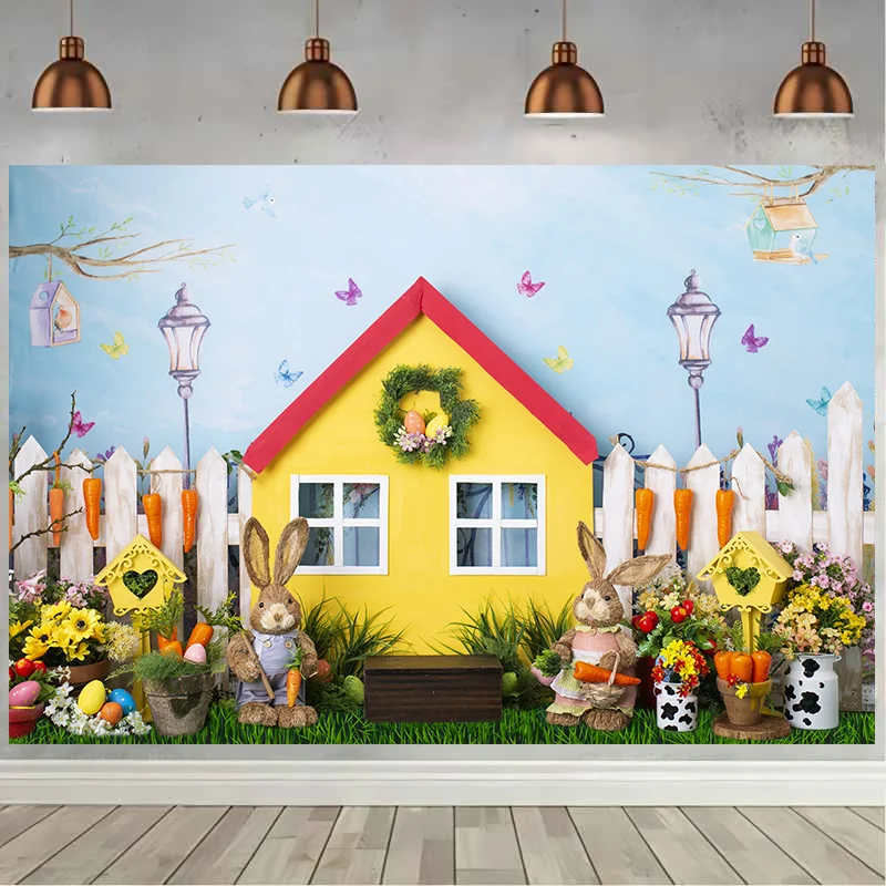 Ostern Party Dekoration Hintergrund Frühling Blumen Grünes Gras Holztür Kaninchen Hase Eier Baby Portrait Fotografie Hintergrund Image