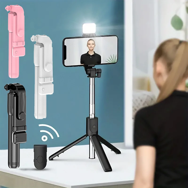Kabelloser Selfie-Stick-Telefonhalter, einziehbares, multifunktionales 74 cm großes Mini-Stativ mit LED-Selfie-Licht und Bluetooth-Fernauslöser Image