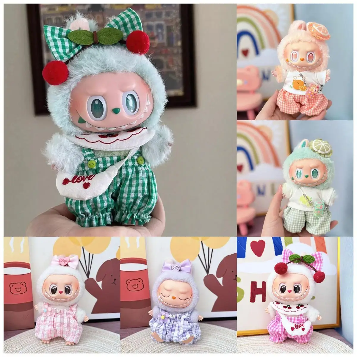 Niedliche Mini-Plüschpuppenkleidung, Kirschanzug für 17 cm große Labubu-Kleidung, karierter Overall, Schleife, Outfit, Accessoire, modische Geschenke Image