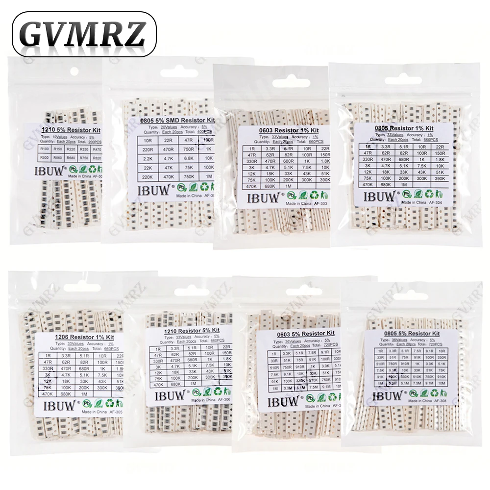 0201 0402 0603 0805 1206 1% 5% SMD-Widerstand Sortiment-Set 1R-1M 10K 100K 1K 100R Widerstandssatz DIY 1R00 0R82 0R47 0R33 Image