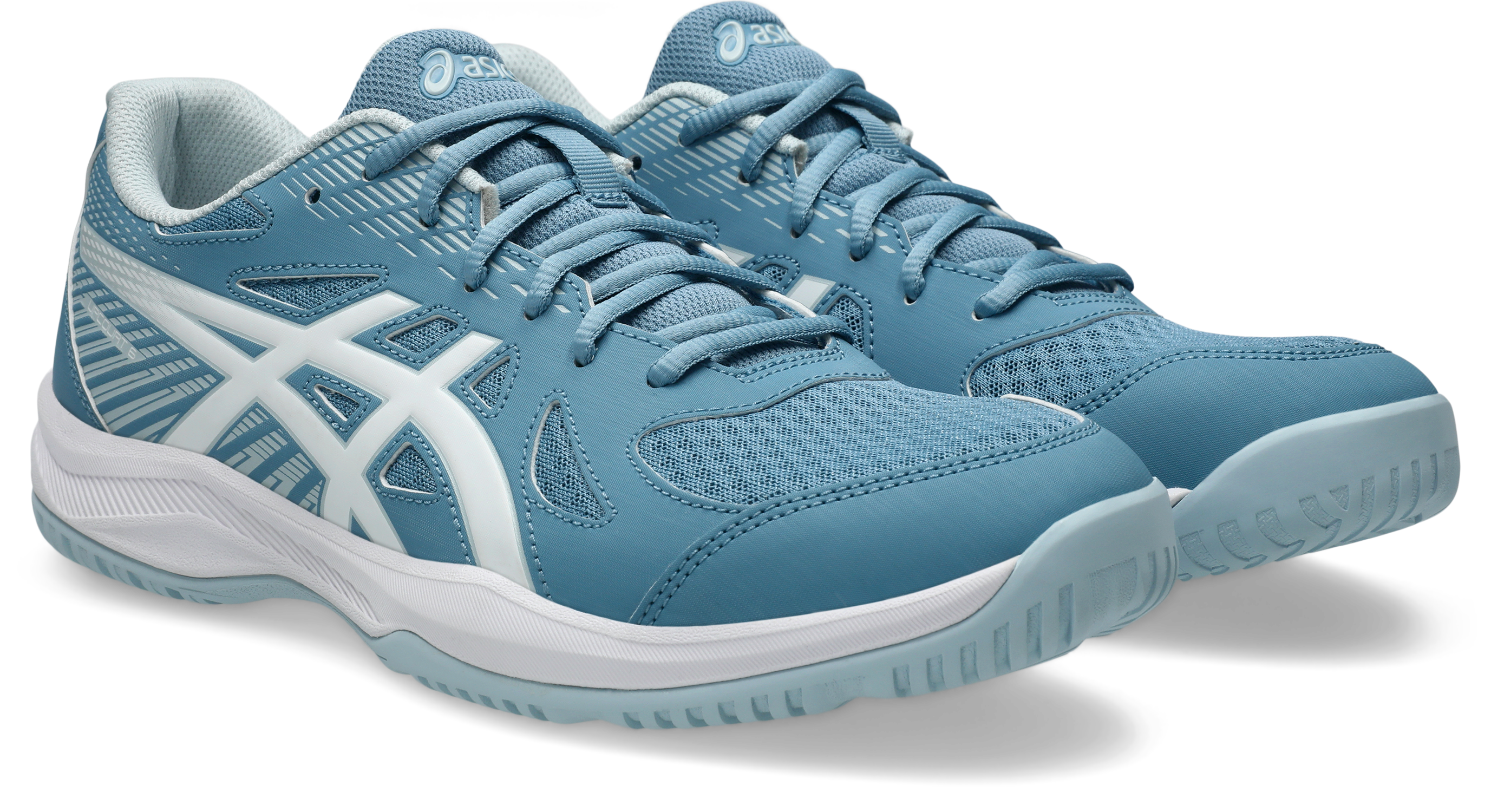 Hallenschuh ASICS "UPCOURT 6", Damen, Gr. 47, saba blau, weiß, Textil, Schuhe Hallenschuh, besonders geeignet für Handball und Volleyball
