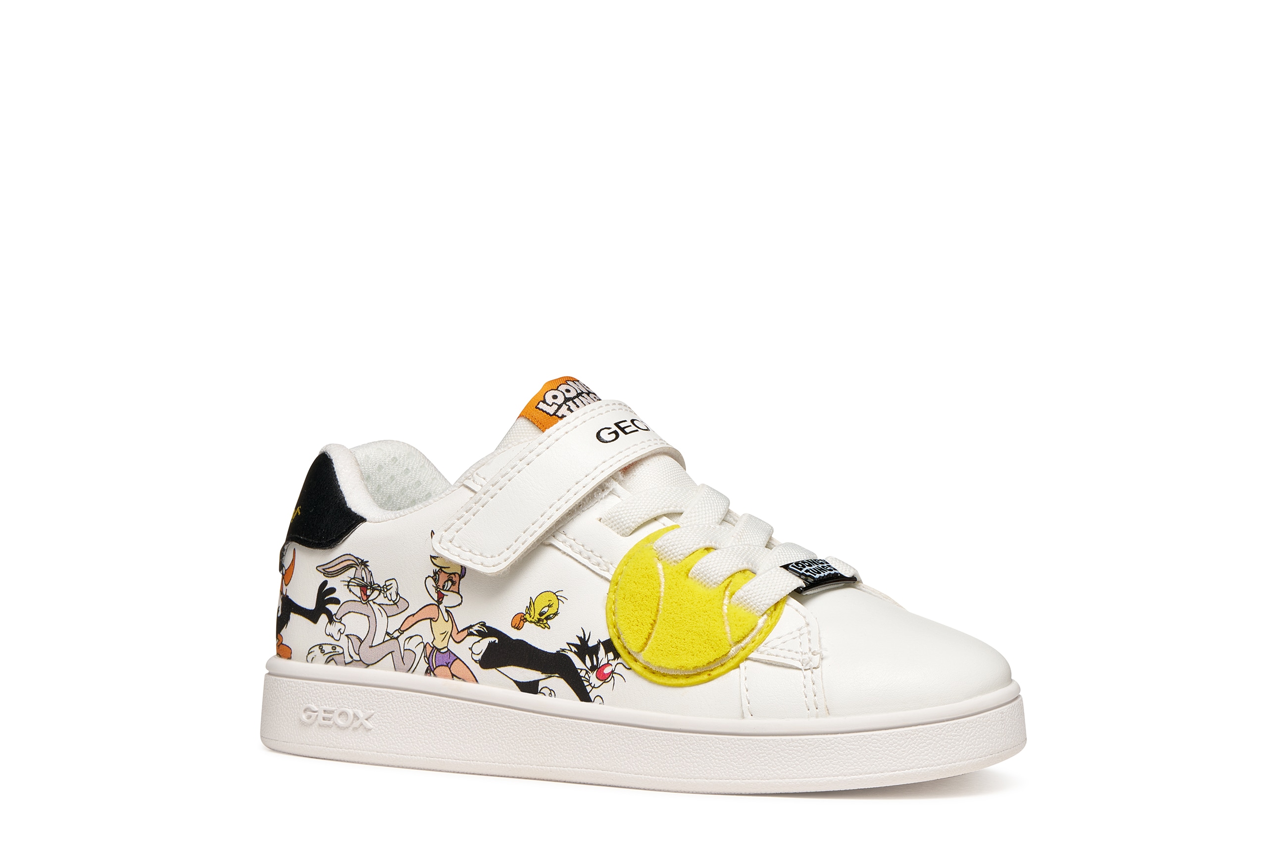 Sneaker GEOX "J ECLYPER BOY", Damen, Gr. 30, weiß, schwarz, Lederimitat, Textil, Schuhe Sneaker, Klettschuh mit Looney Tunes Motiv, Größenschablone zum Download