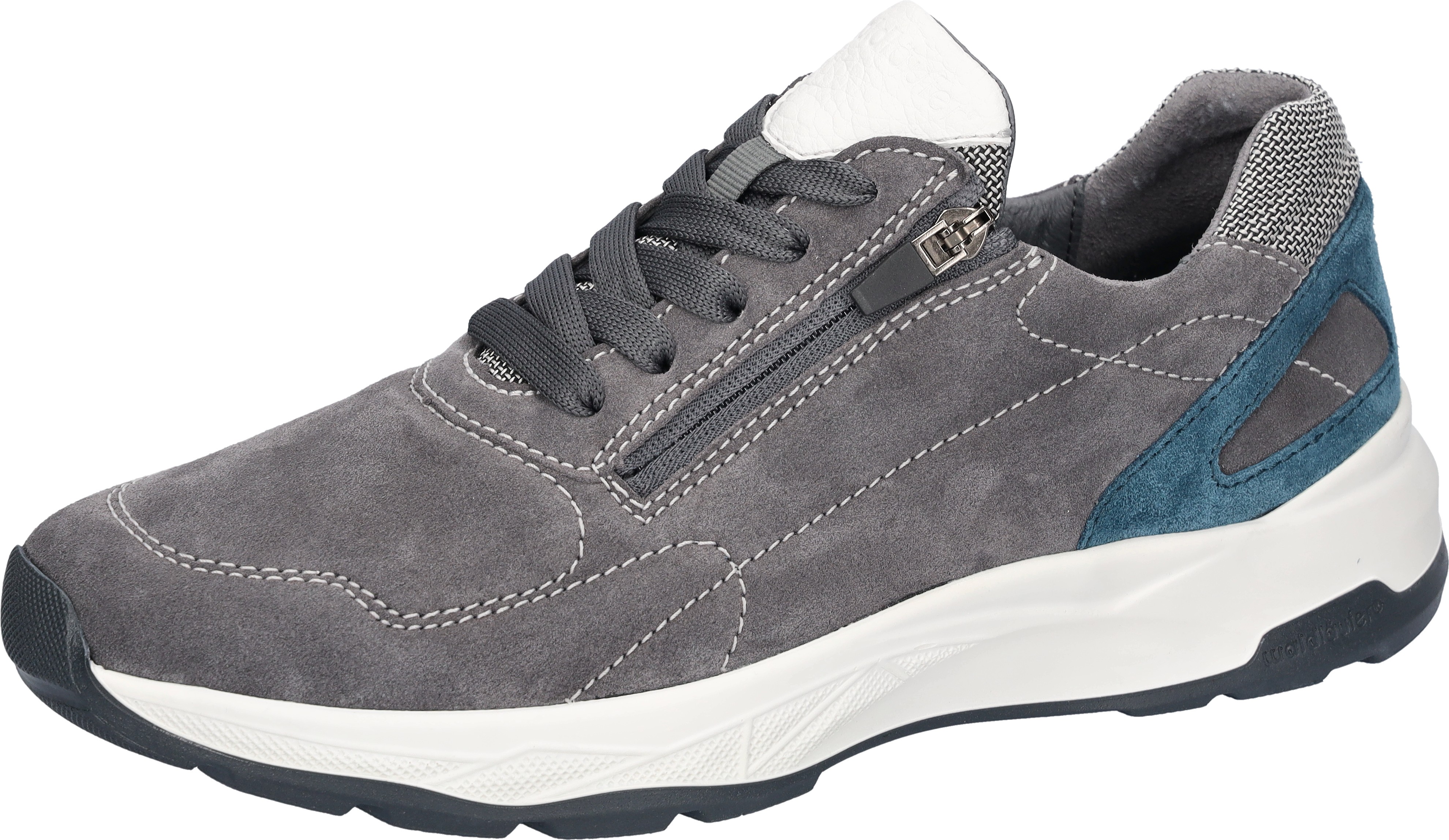 Sneaker WALDLÄUFER "H-TOM", Herren, Gr. 9,5 (44), grau, weiß, petrol, Nappaleder, Textil, Veloursleder, kontrastfarbene Details, Schuhe Sneaker, Schnürschuh, Halbschuh mit seitlichem Reißverschluss, H-Weite