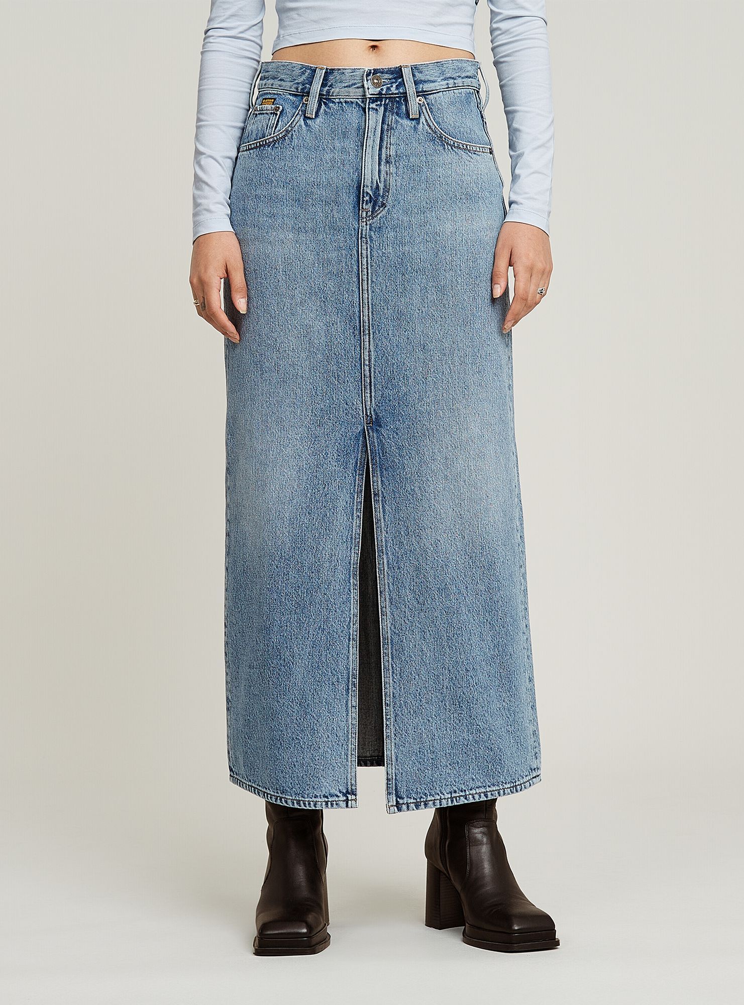 Jeanskleid G-STAR "Viktoria Long Rock", Damen, Gr. 27, Normalgrößen, faded blau torrent, Obermaterial: 30% Baumwolle, 20% Baumwolle, Kleider